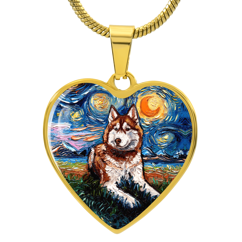 Red and White Husky Starry Night Heart Necklace