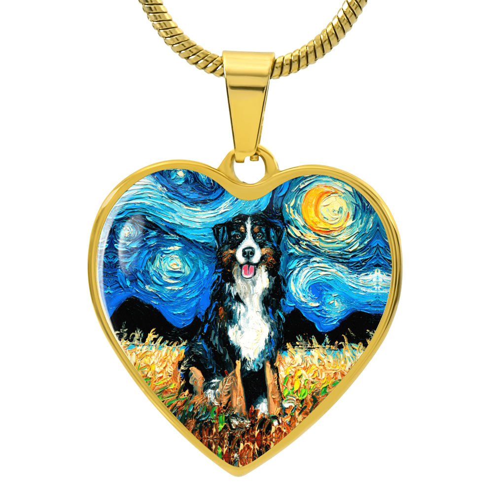 Bernese Mountain Dog Starry Night Heart Necklace