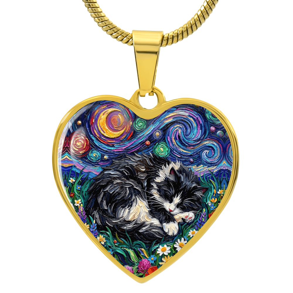 Sleepy Long Hair Tuxedo Heart Necklace