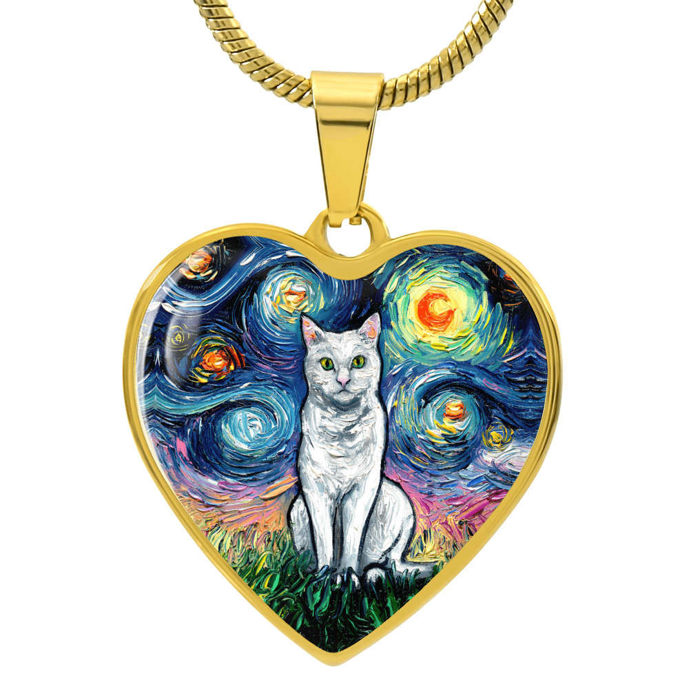 Seated White Cat Starry Night Heart Necklace