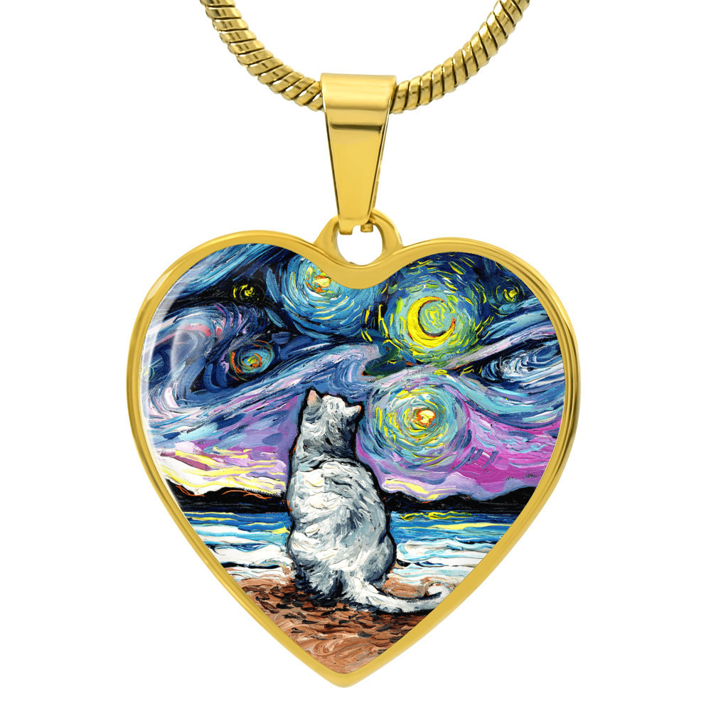 White Cat Beach Starry Night Heart Necklace