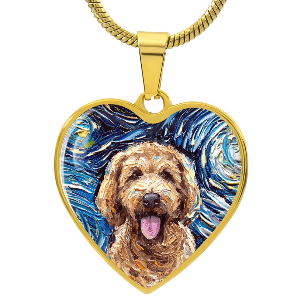 Goldendoodle Portrait Starry Night Heart Necklace
