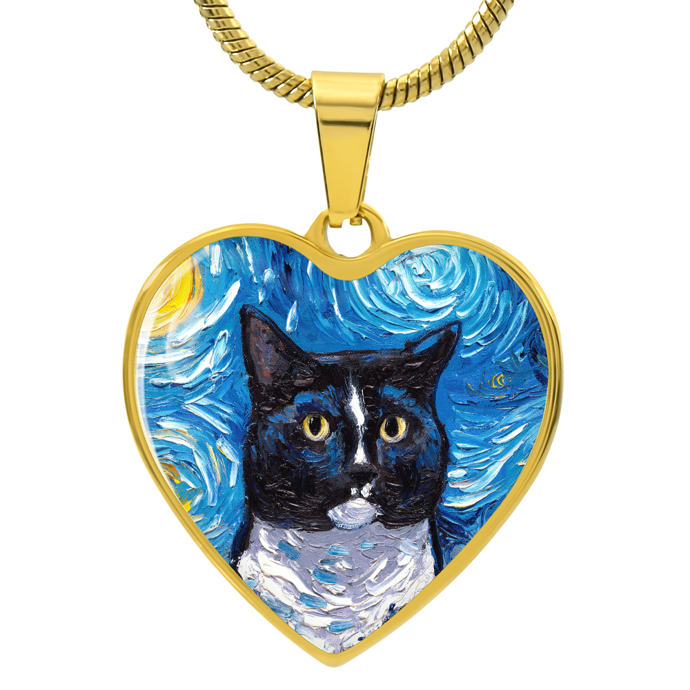 Tuxedo Cat Portrait Starry Night Heart Necklace