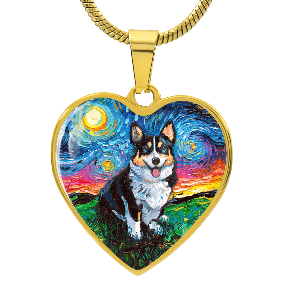 Tri Color Corgi Starry Night Heart Necklace