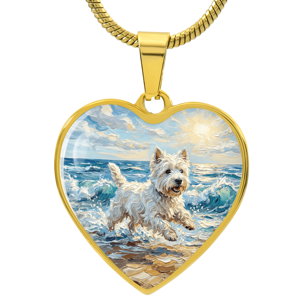 Frolicking Westie at the Beach Heart Necklace