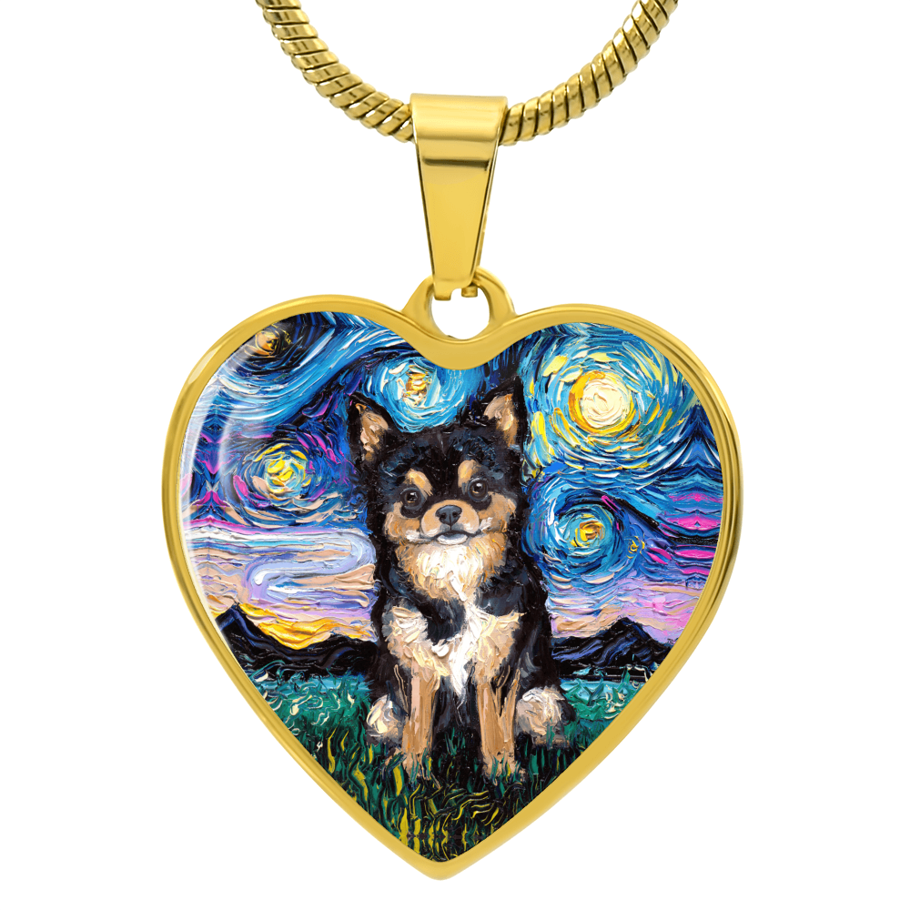 Long Hair Black and Tan Chihuahua Starry Night Heart Necklace
