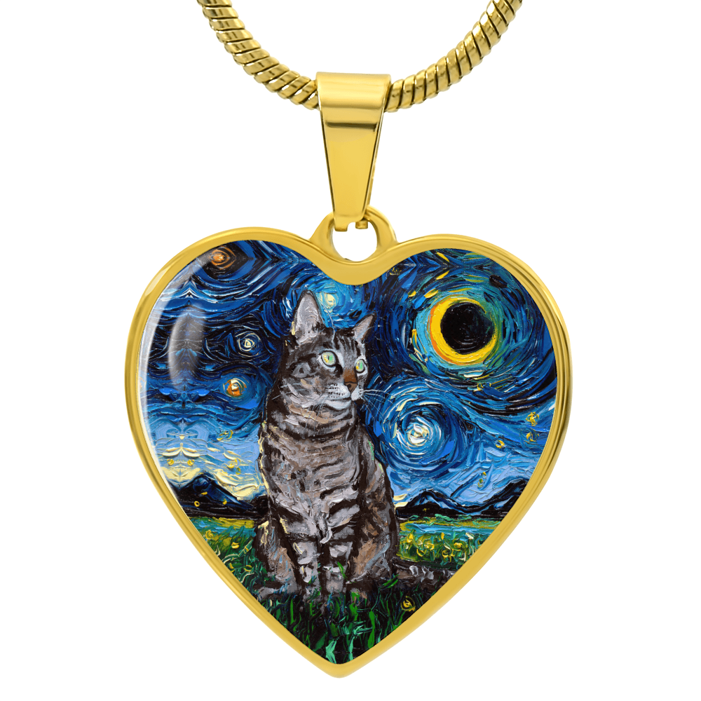 Tabby Cat Starry Night Heart Necklace
