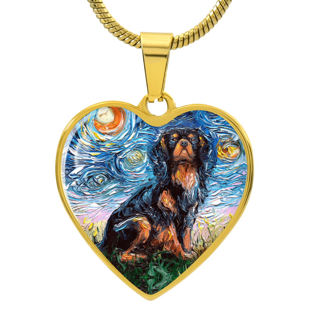 Black and Tan Cavalier King Charles Spaniel Starry Night Heart Necklace
