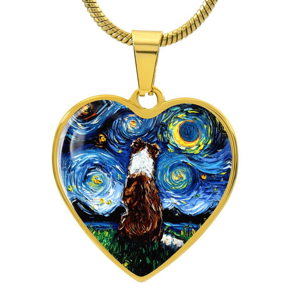 Red Border Collie Starry Night Heart Necklace