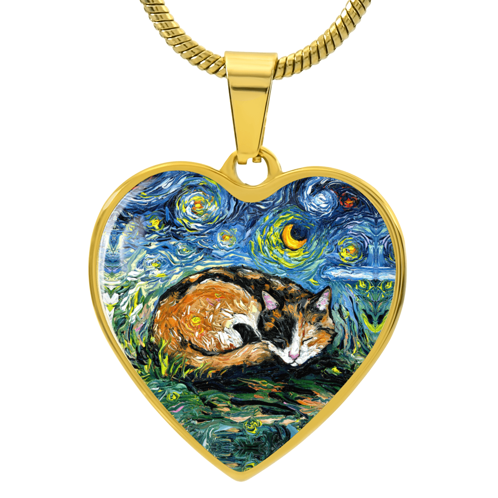 Sleeping Calico Cat Starry Night Heart Necklace