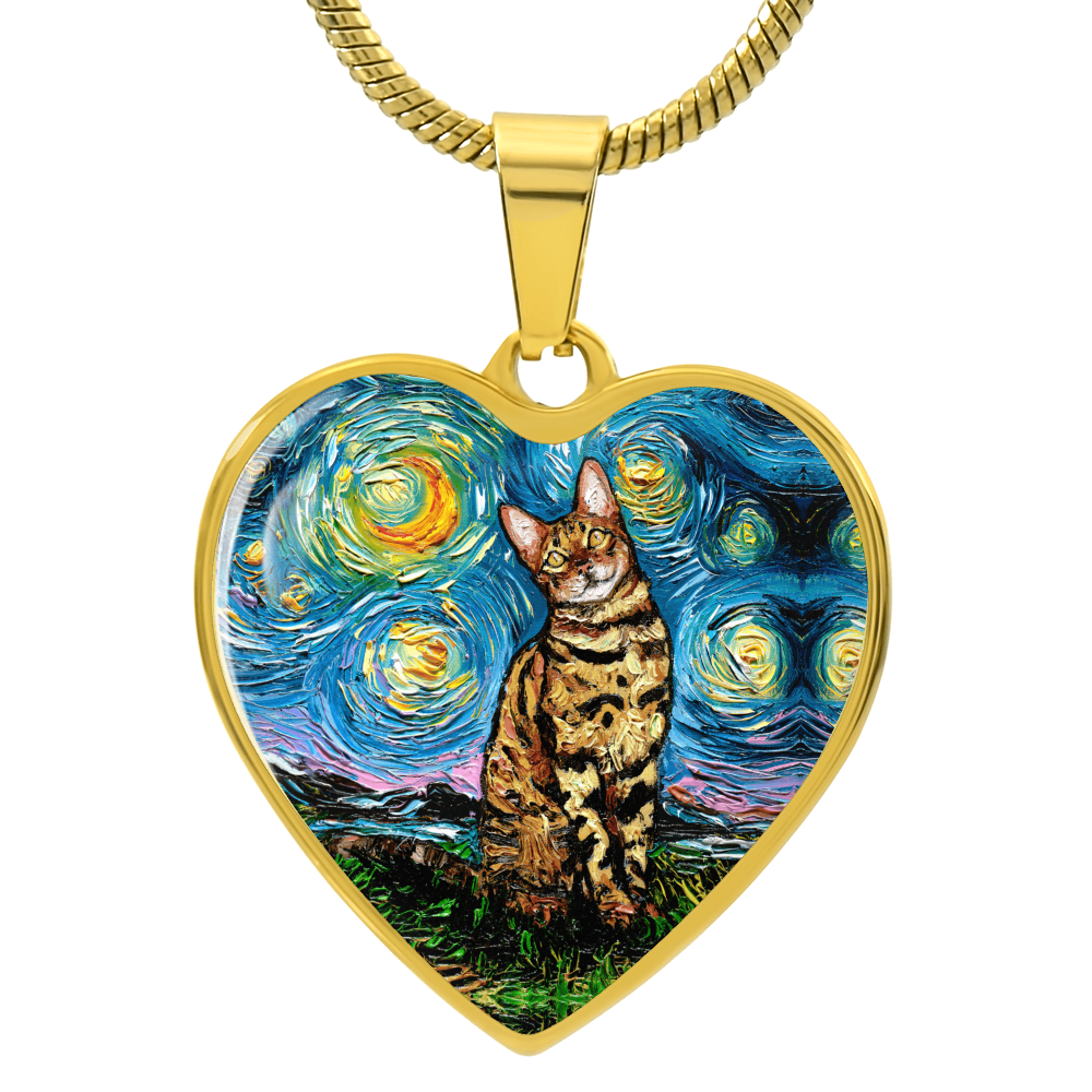 Bengal Cat Starry Night Heart Necklace