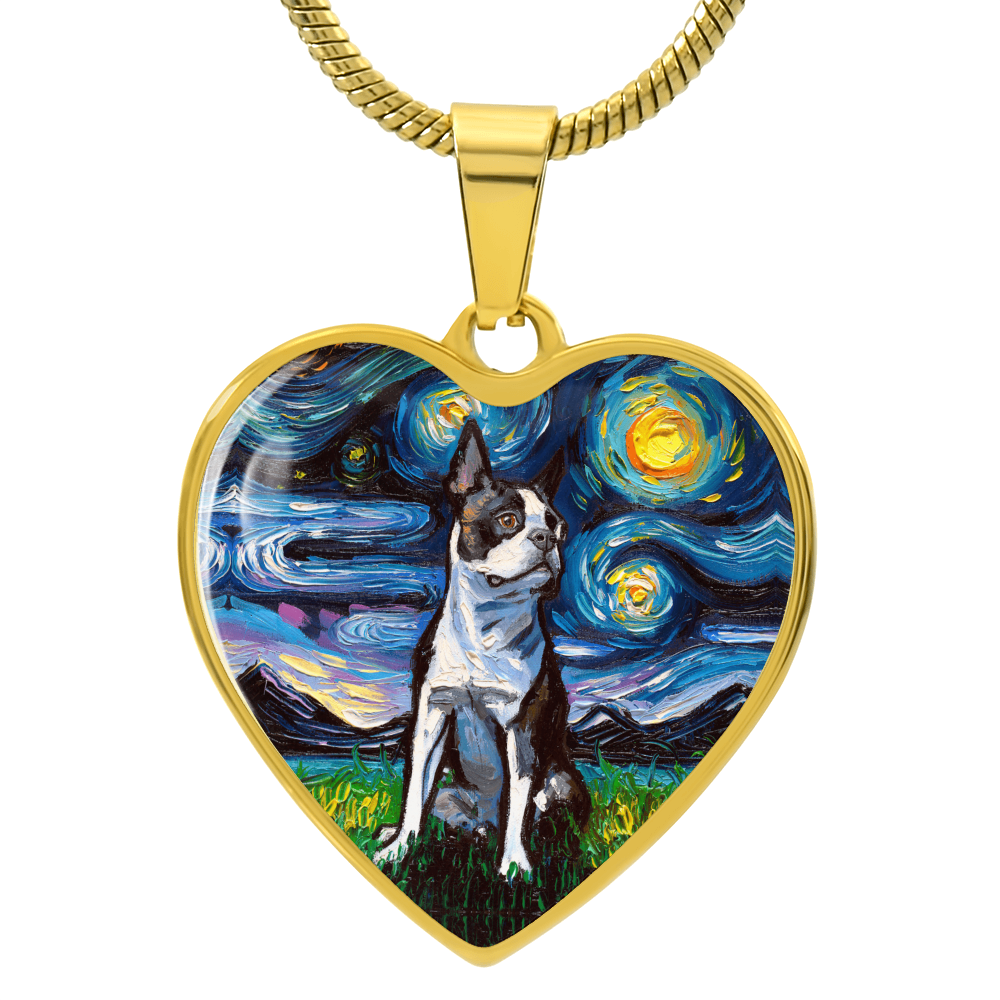 Boston Terrier Starry Night Heart Necklace