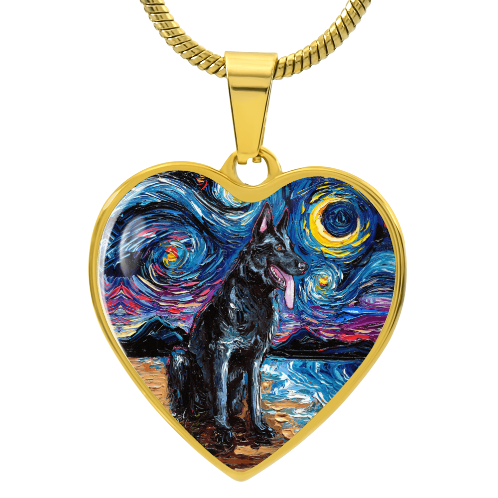 Black German Shepherd Starry Night Heart Necklace
