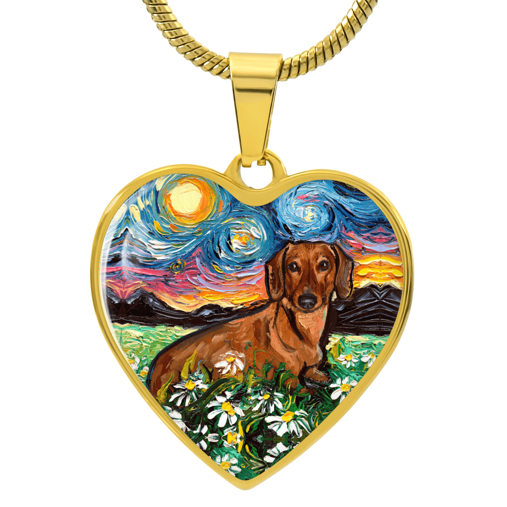 Brown Dachshund with Flowers Starry Night Heart Necklace