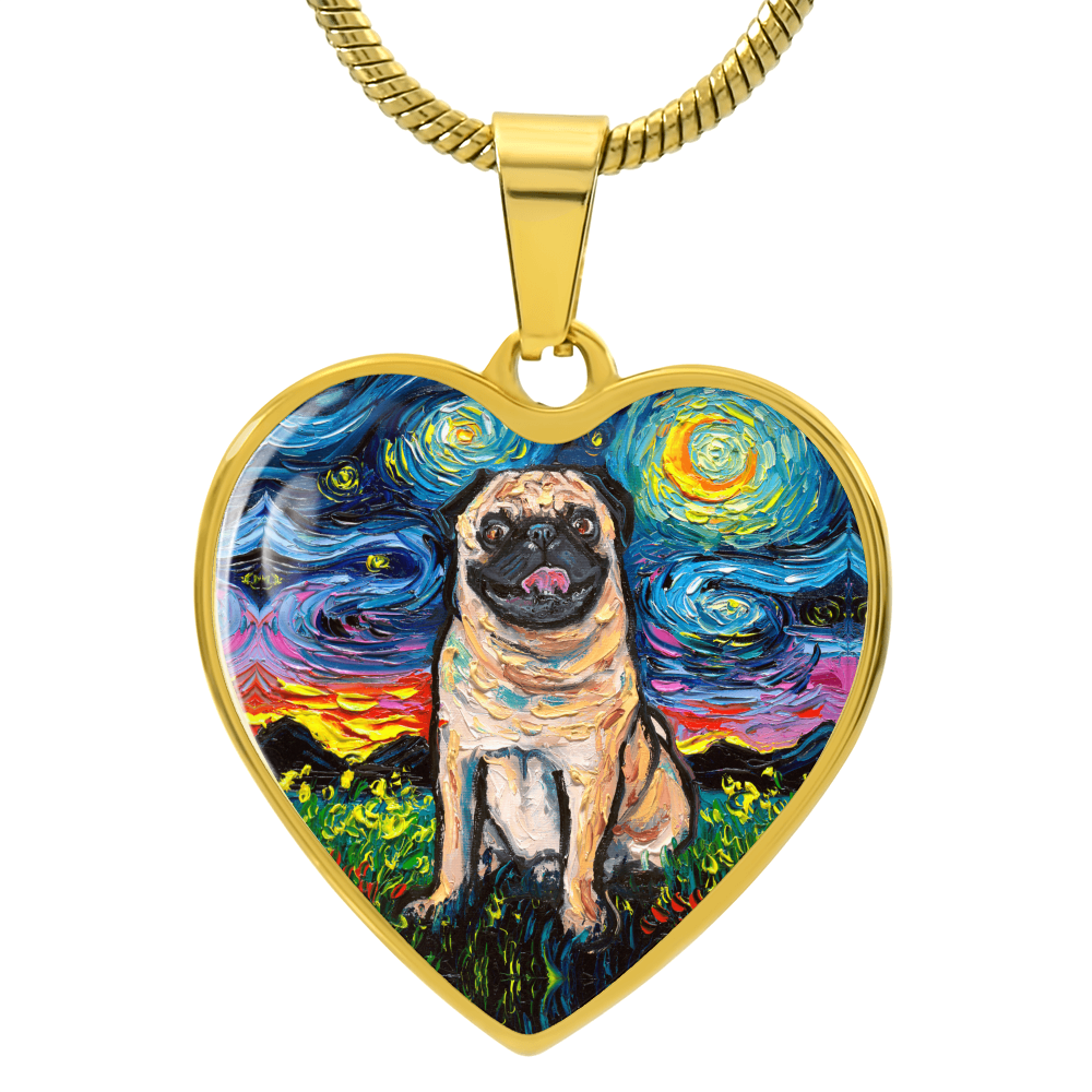 Fawn Pug Starry Night Heart Necklace