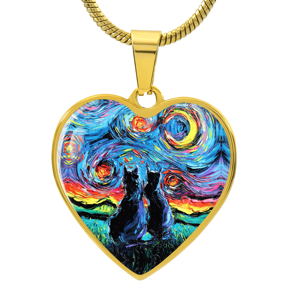 Van Gogh's Cats Starry Night Heart Necklace