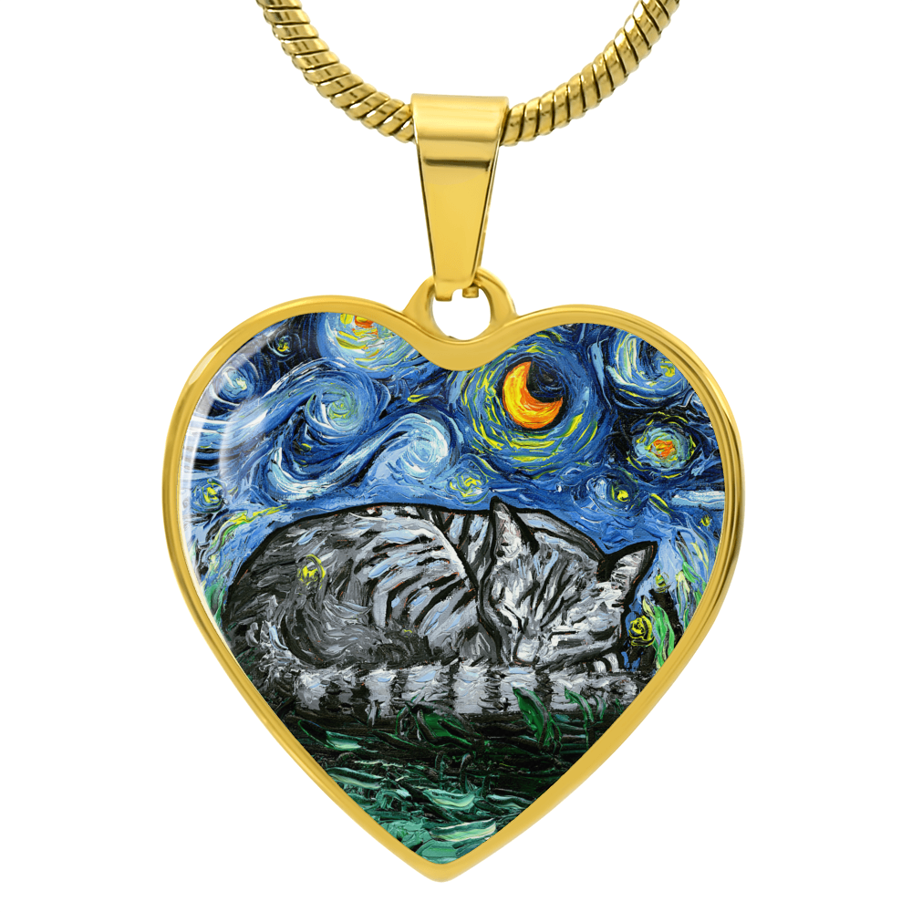 Sleeping Gray Tabby Cat Starry Night Heart Necklace