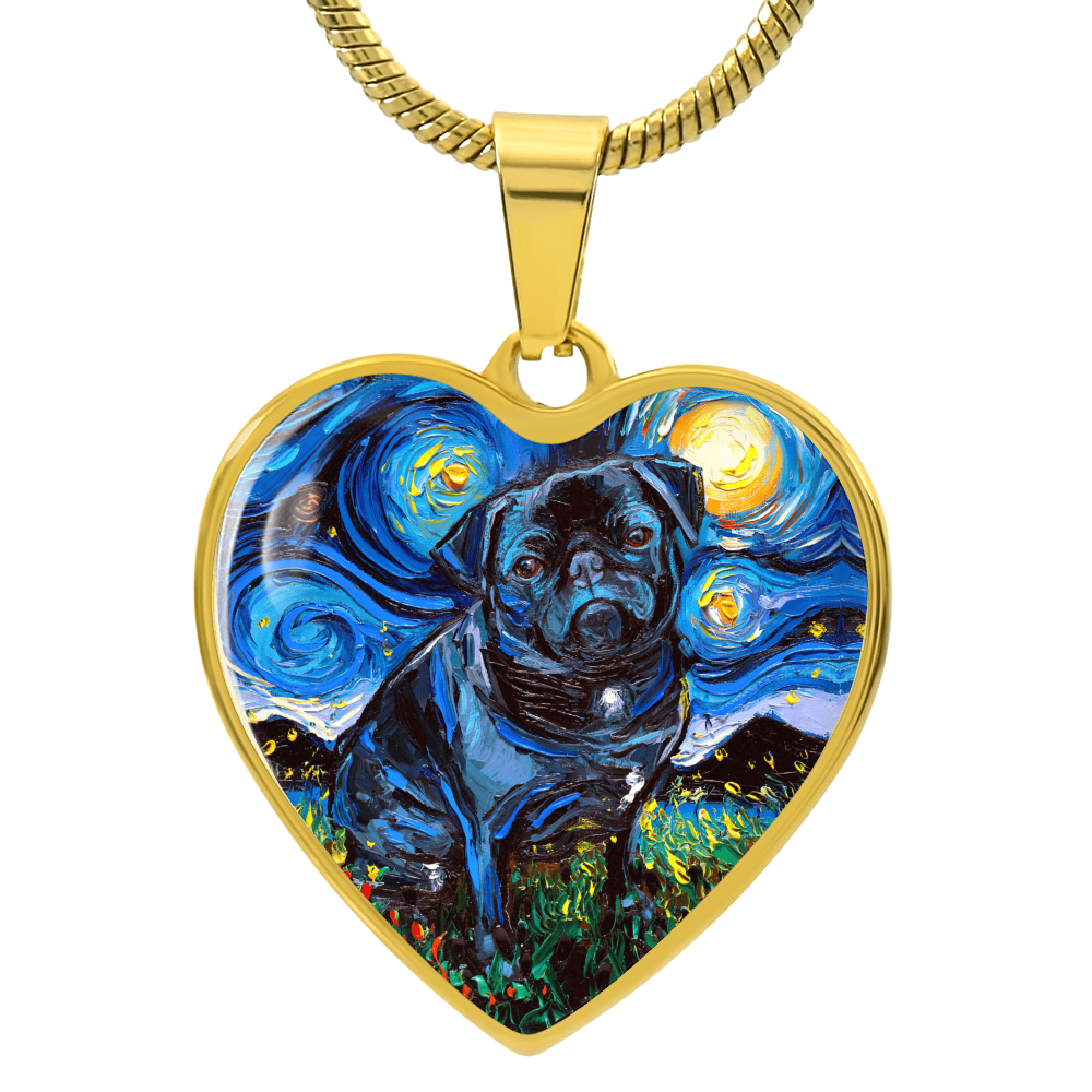 Black Pug Starry Night Heart Pendant