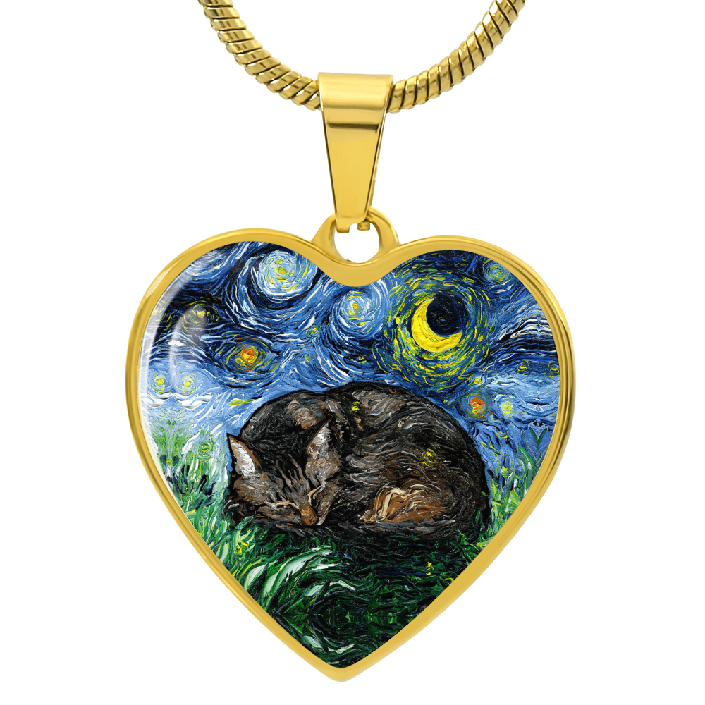 Sleeping Brown Tabby Starry Night Heart Necklace