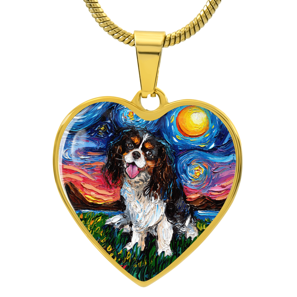 Tri Color Cavalier King Charles Spaniel Starry Night Heart Necklace