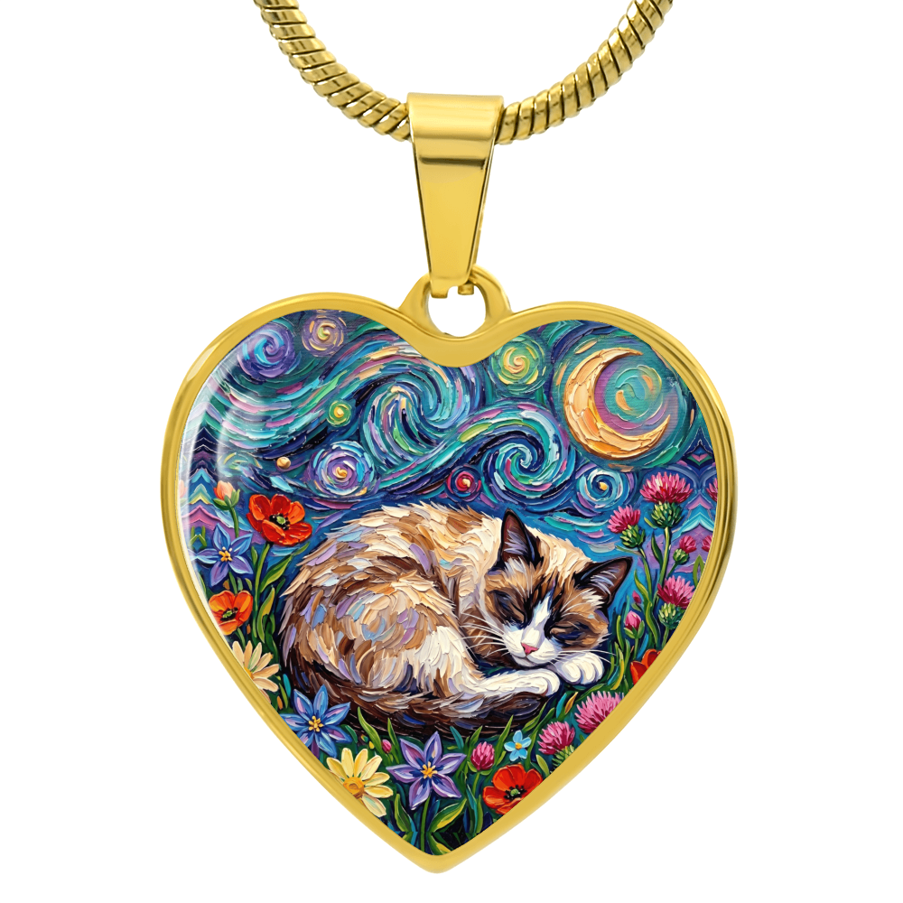 Sleepy Snowshoe Cat Night Heart Necklace