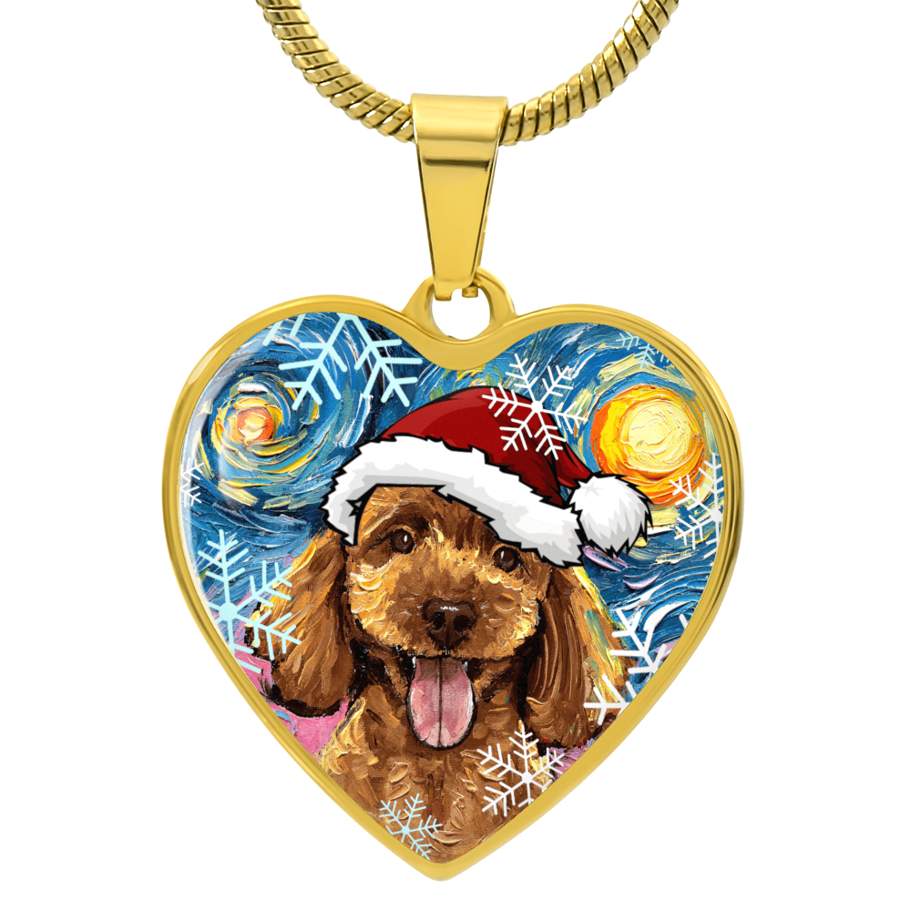 Apricot Poodle Puppy in Santa Hat Starry Night Heart Necklace