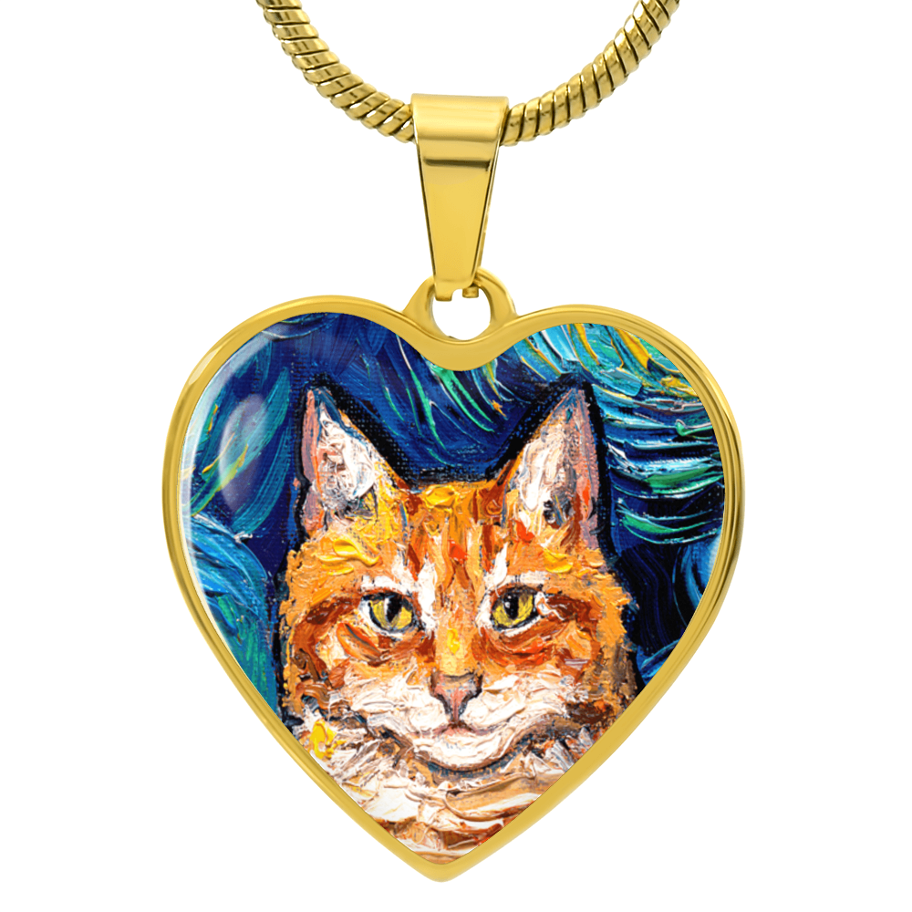 Orange Tabby Cat Portrait Starry Night Heart Necklace