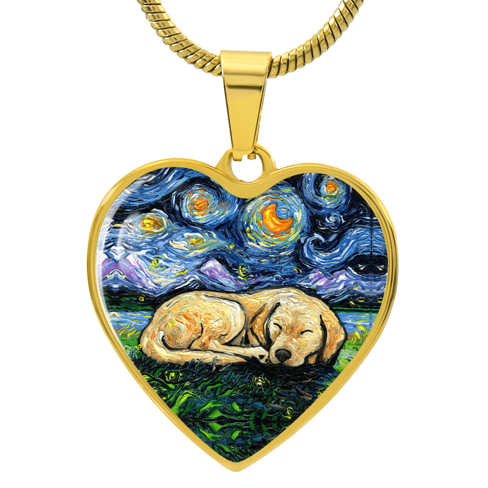 Sleeping Yellow Labrador Starry Night Heart Necklace