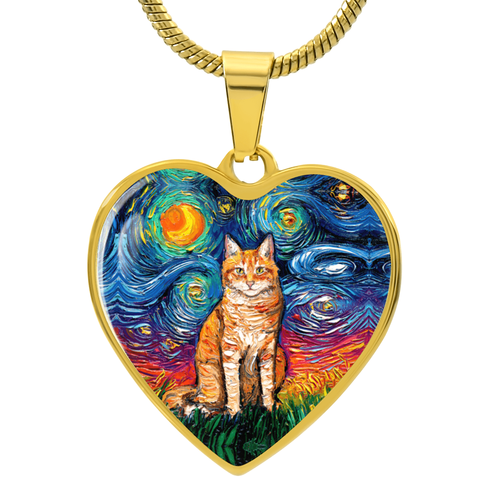 Seated Orange Tabby Cat Starry Night Heart Necklace