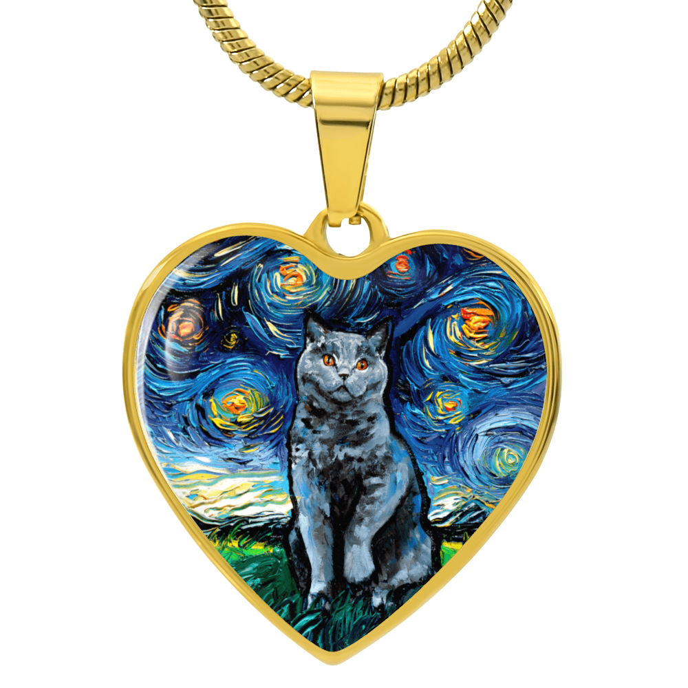 Blue British Shorthair Starry Night Heart Necklace