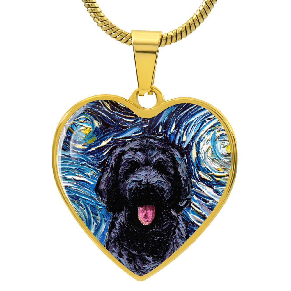Black Goldendoodle Portrait Starry Night Heart Necklace