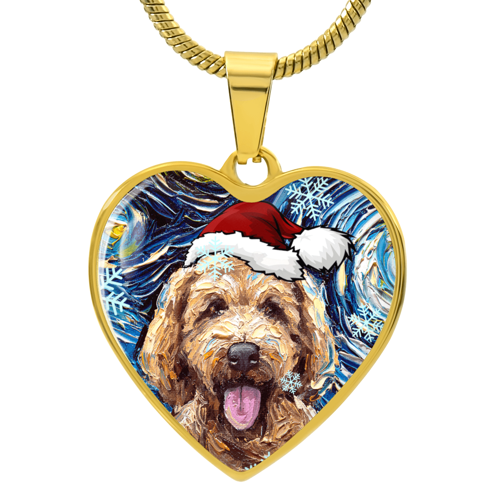 Goldendoodle in Santa Hat Starry Night Heart Necklace