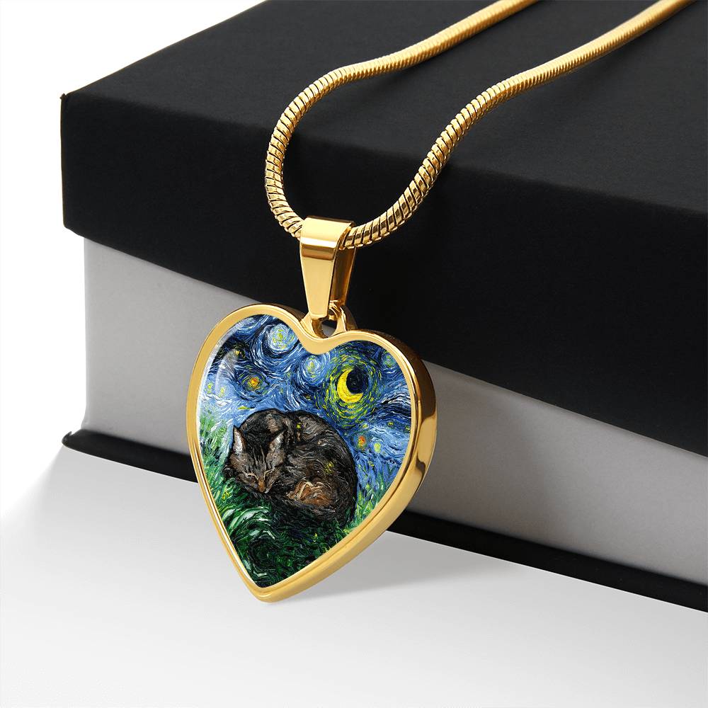 Sleeping Brown Tabby Starry Night Heart Necklace