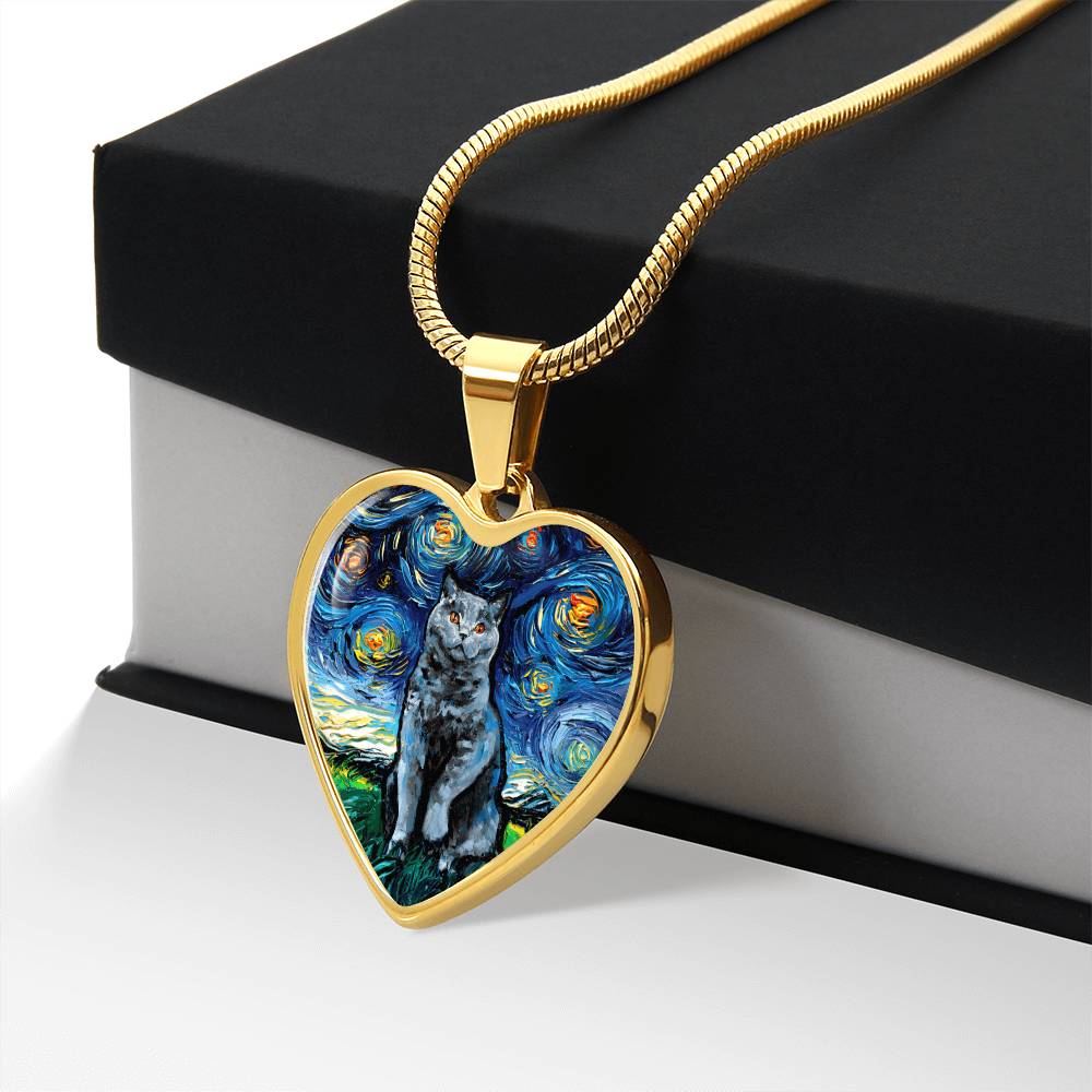 Blue British Shorthair Starry Night Heart Necklace