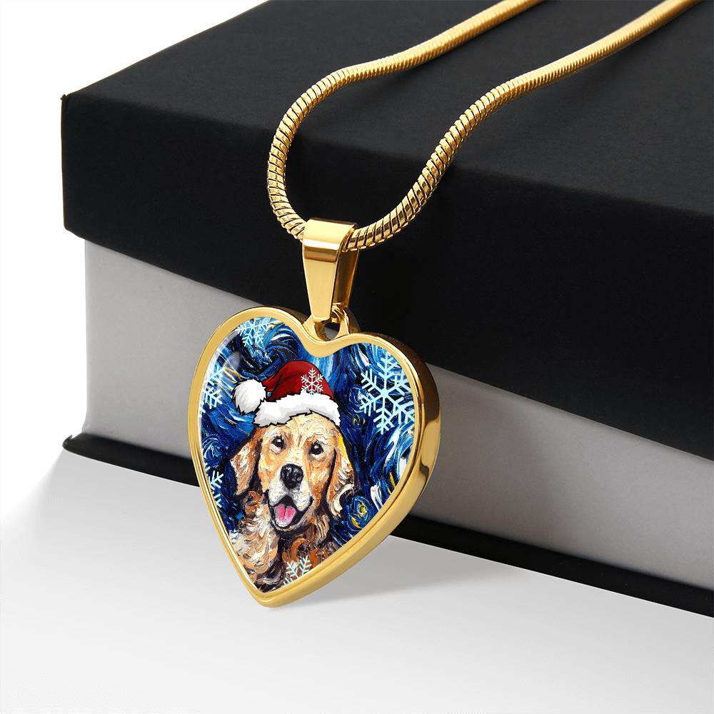 Golden Retriever in Santa Hat Starry Night Heart Necklace