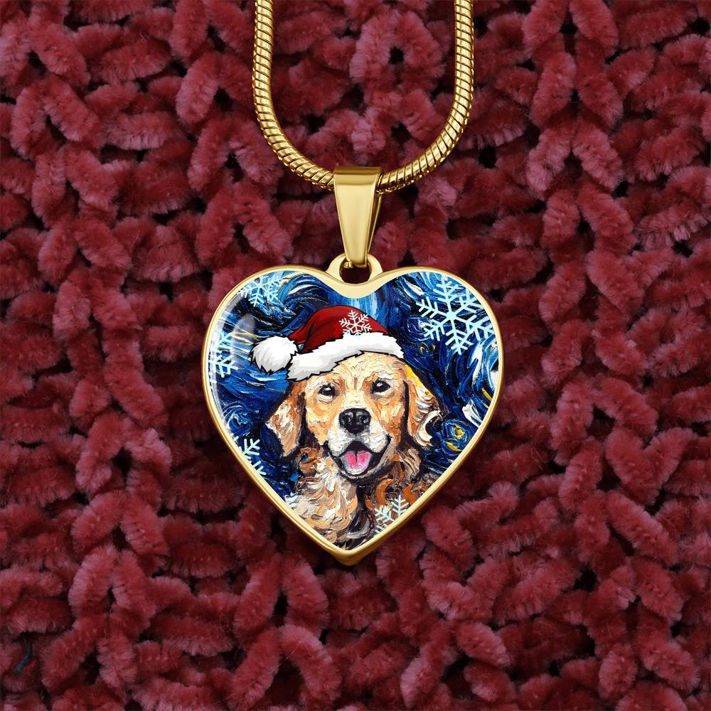 Golden Retriever in Santa Hat Starry Night Heart Necklace