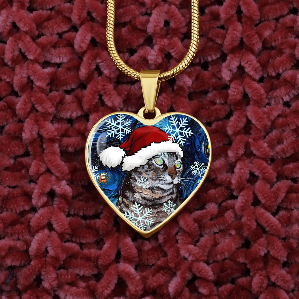 Tabby Cat in Santa Hat Starry Night Heart Necklace
