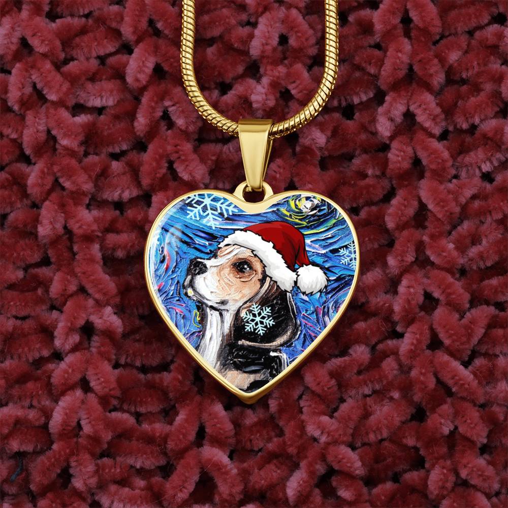 Beagle in Santa Hat Starry Night Heart Necklace