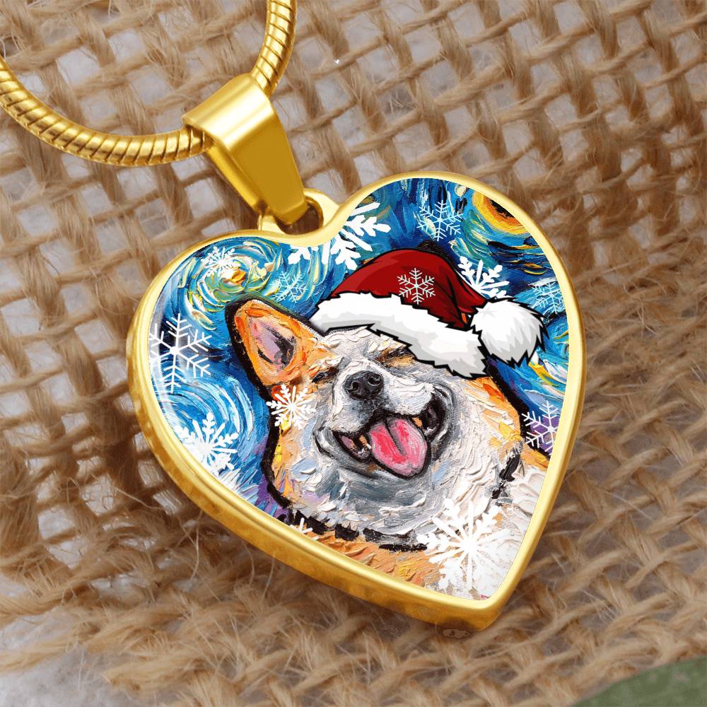 Smiling Corgi Christmas Heart Necklace