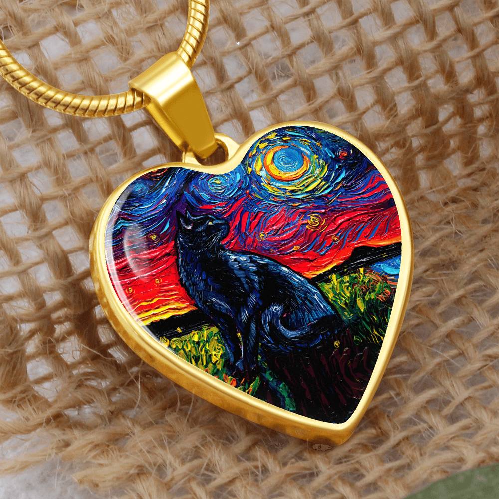 Black Cat 2 Starry Night Heart Necklace