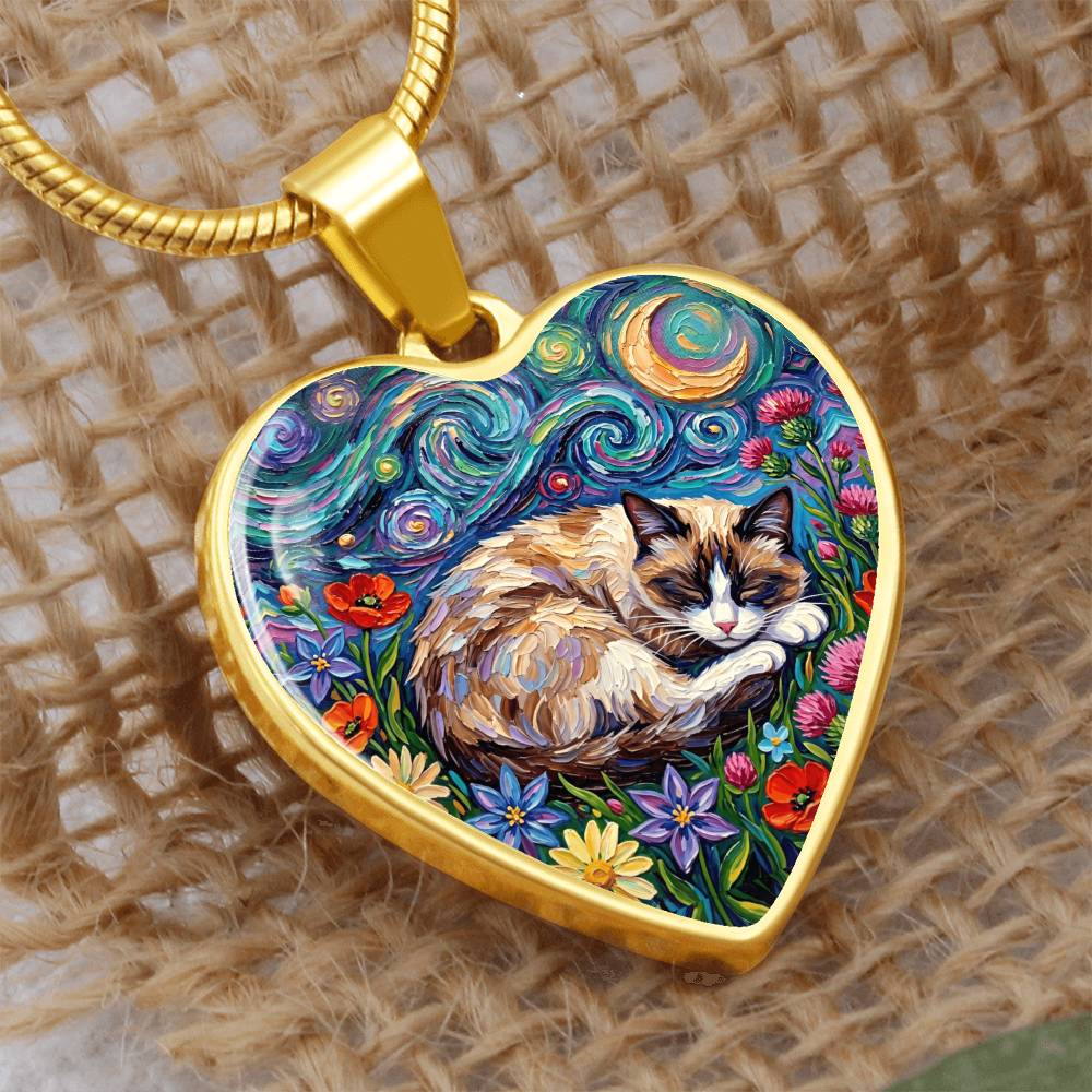 Sleepy Snowshoe Cat Night Heart Necklace
