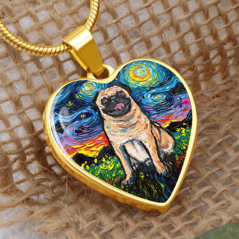Fawn Pug Starry Night Heart Necklace