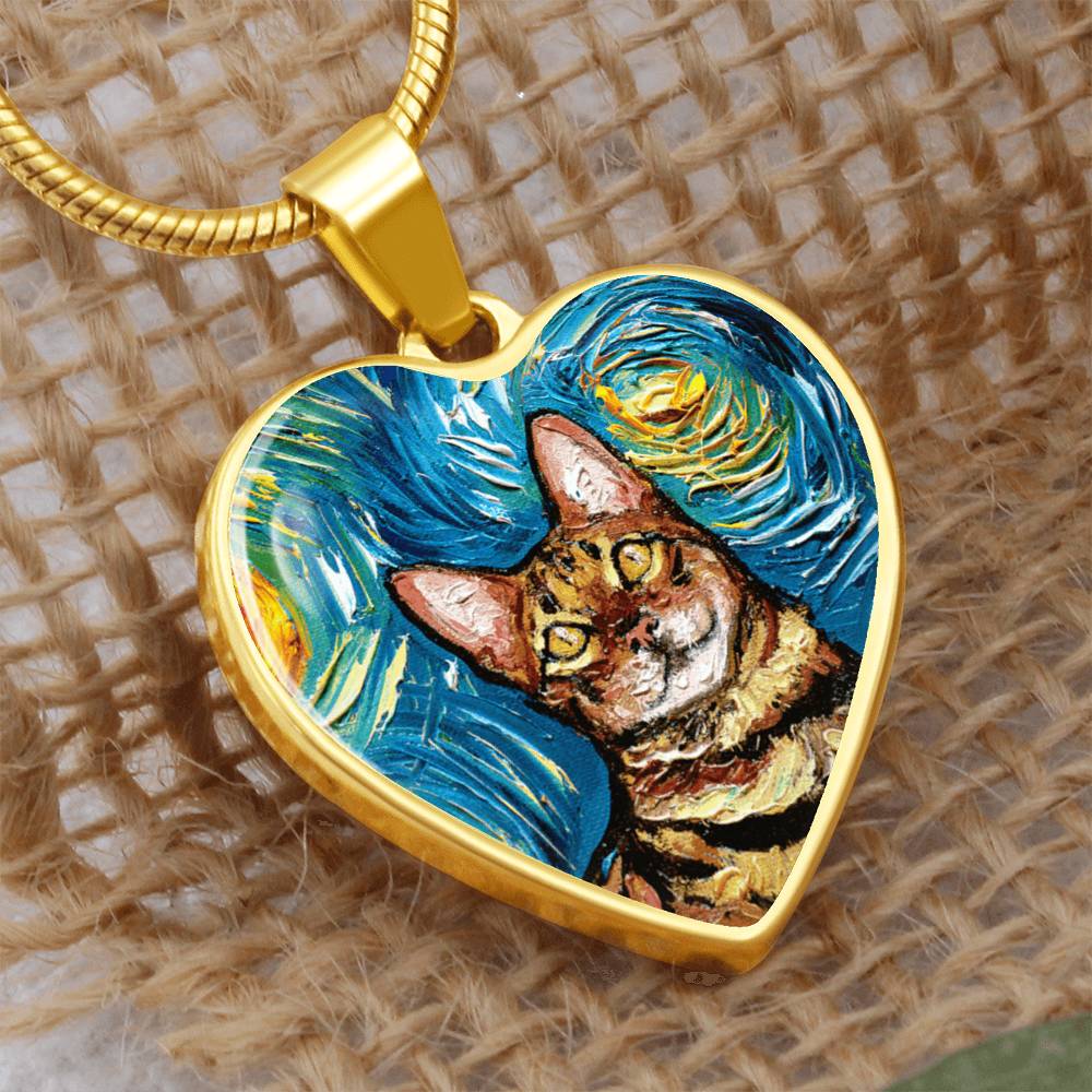 Bengal Cat Starry Night Heart Necklace