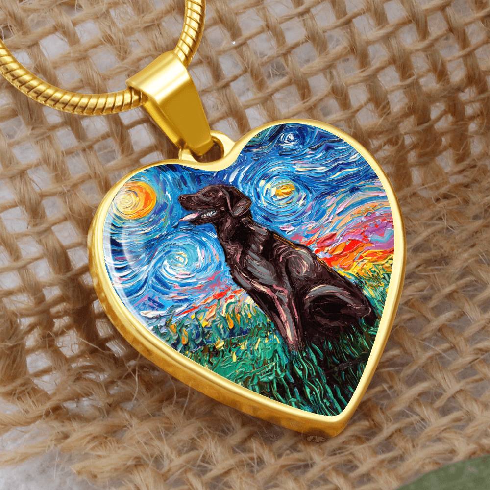 Chocolate Labrador Starry Night Heart Necklace