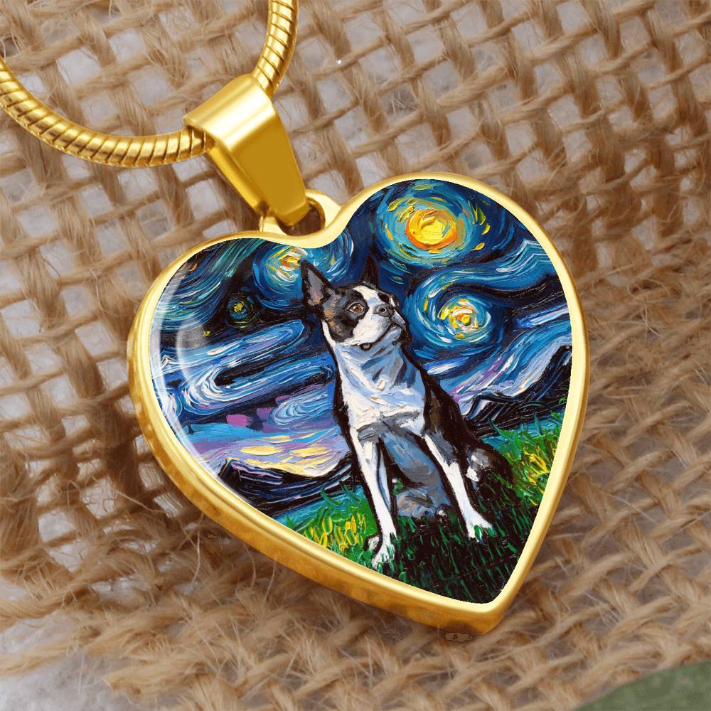 Boston Terrier Starry Night Heart Necklace