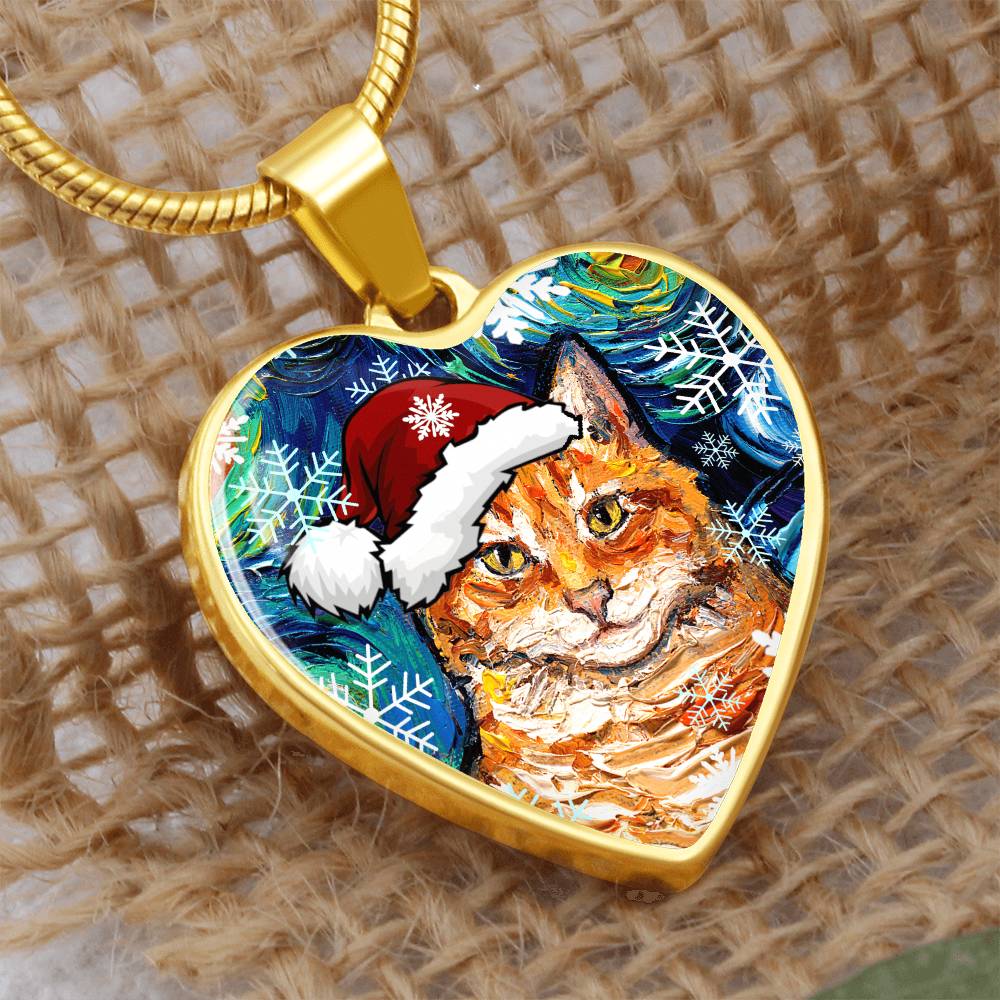 Orange Tabby Christmas Heart Necklace