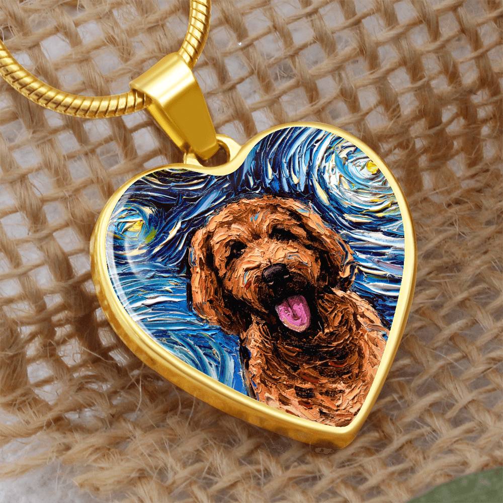 Apricot Goldendoodle Portrait Starry Night Heart Necklace