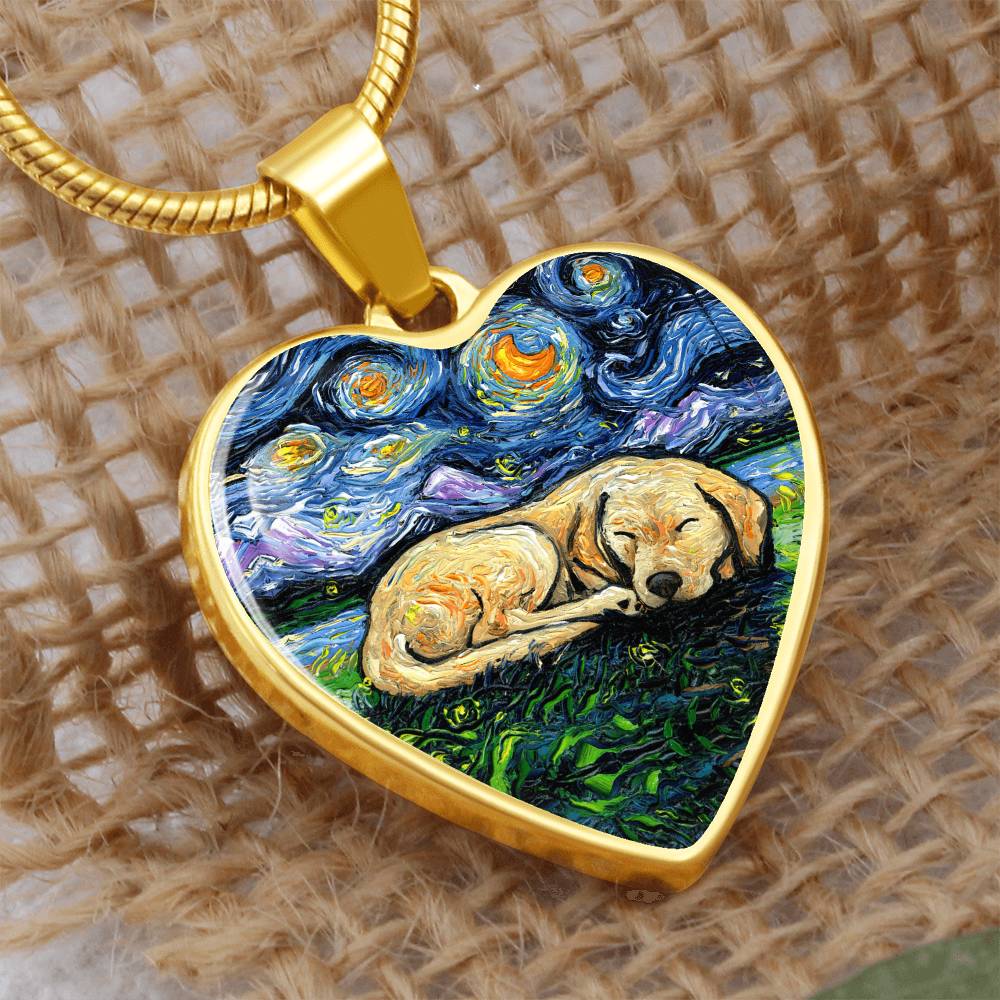 Sleeping Yellow Labrador Starry Night Heart Necklace