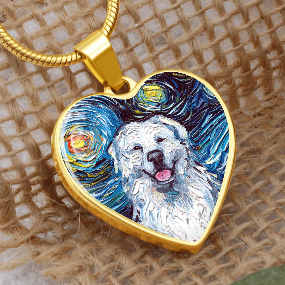 Great Pyrenees Portrait Starry Night Heart Necklace