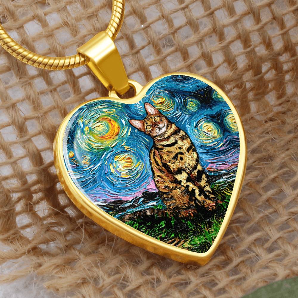 Bengal Cat Starry Night Heart Necklace